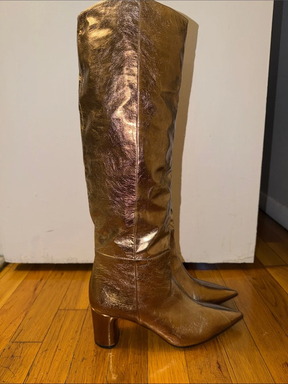 Casadei Gold Metallic Leather Knee-High Boots